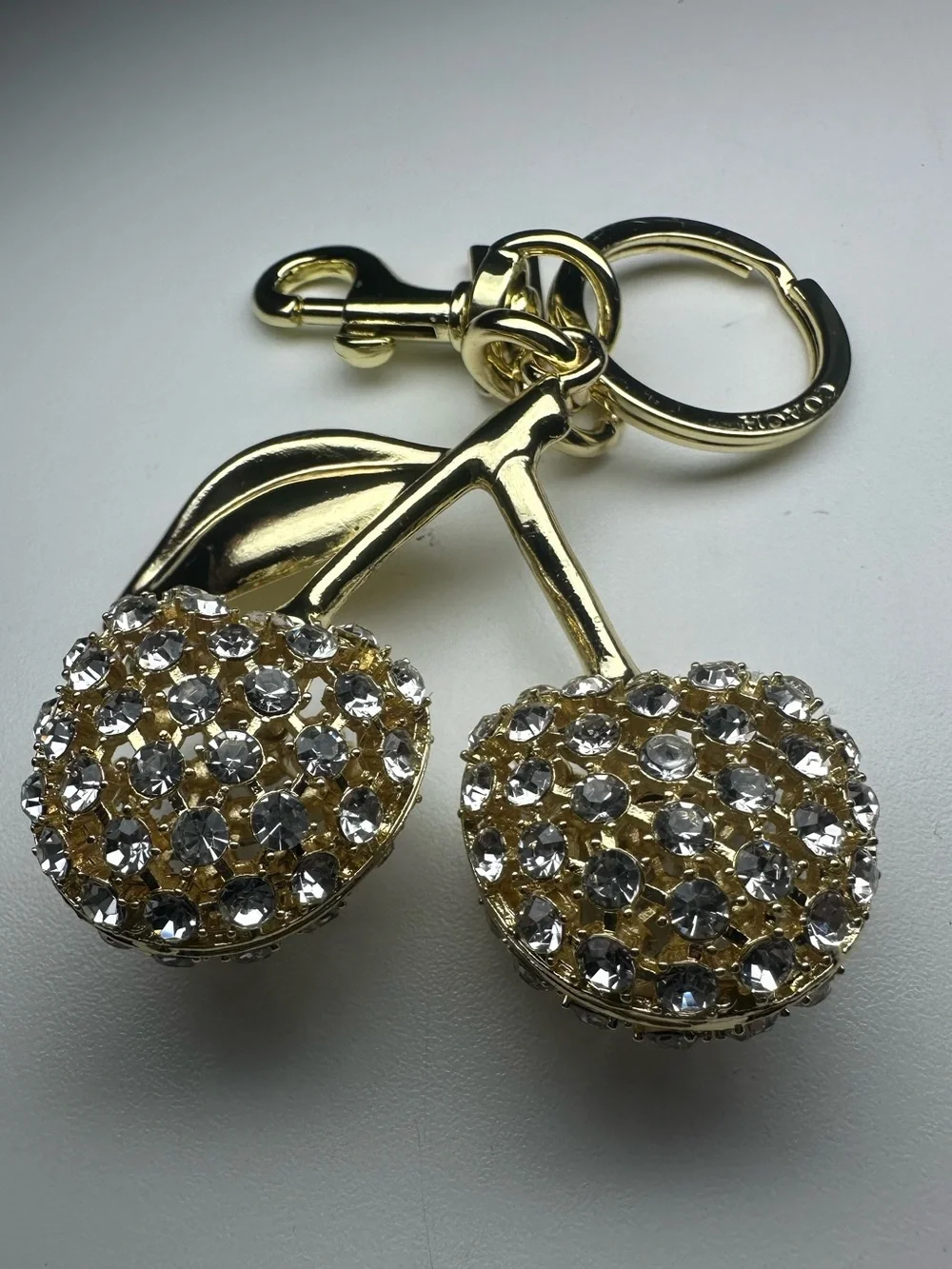 Coach Crystal Cherry Bag Charm Gold Brass Clear Pave CCD32 Keychain Key Ring